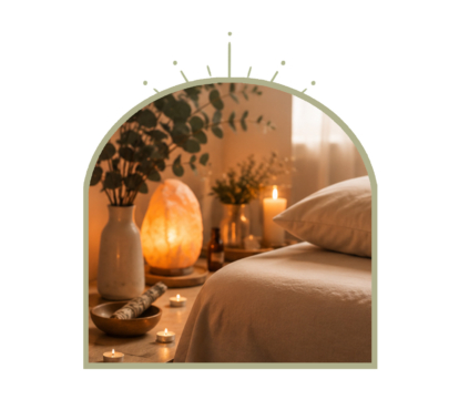Yoga Nidra resting space with bolsters and sheepskin rugs