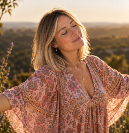 Cat, SuSoul wellness practitioner, arms open in a Yoga Nidra space